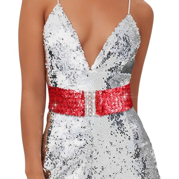 Women Sequin Wide Waist Belt Elastic Glamorous Dress Belt Stylish Accessory - Picture 4 of 7